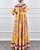 Etnik Desen Pamuk Viskon Elbise - Sarı