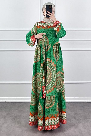 Etnik Desen Pamuk Viskon Elbise - Yeşil