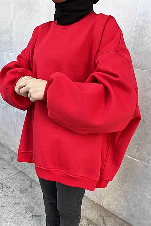 Extra Oversize Üç İplik Şardonlu Sweatshirt - Kırmızı