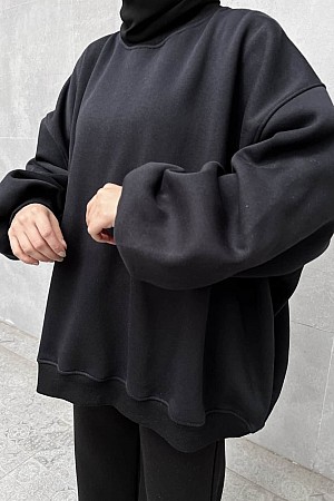 Extra Oversize Üç İplik Şardonlu Sweatshirt - Siyah
