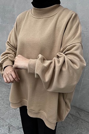 Extra Oversize Üç İplik Şardonlu Sweatshirt - Vizon