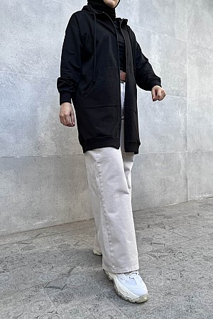 Fermuarlı Kanguru Cep Kapüşonlu Sweatshirt - Siyah Fermuarlı Kanguru Cep Kapüşonlu Sweatshirt - Siyah