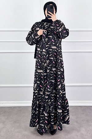 Fırça Desenli Elbise - Siyah