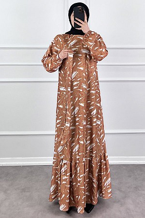 Fırça Desenli Elbise - Sütlü Kahve