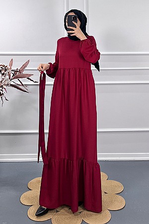 Fırfırlı Saten Elbise - Bordo
