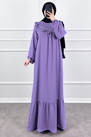 Fırfırlı Volanlı Ayrobin Elbise - Lila