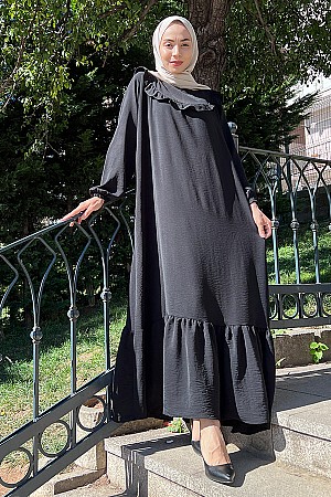 Fırfırlı Volanlı Ayrobin Elbise - Siyah