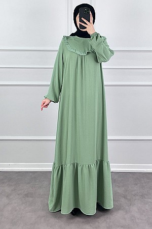 Fırfırlı Volanlı Ayrobin Elbise - Yeşil