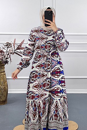 Hint Desenli Elbise - Bordo