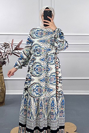 Hint Desenli Elbise - Mavi