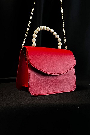 İnci Saplı Çanta - Kırmızı  İnci Saplı Çanta - Kırmızı