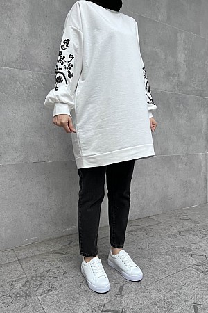 Kolları Çiçek Baskı Detaylı Tunik - Beyaz