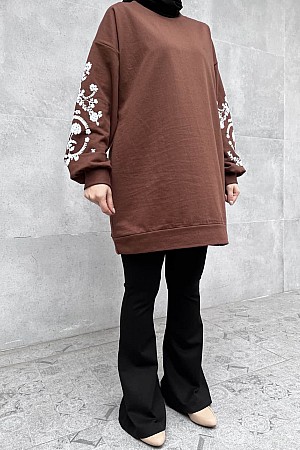 Kolları Çiçek Baskı Detaylı Tunik - Kahverengi