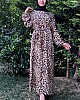 Leopar Desen Saten Elbise - Vizon