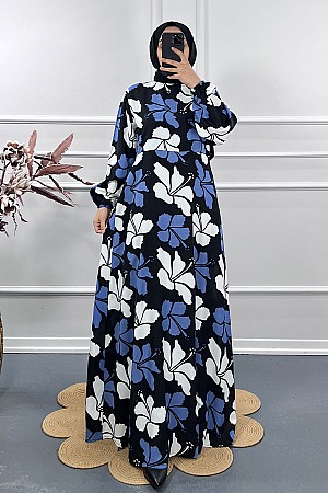 Menekşe Desenli Elbise - Mavi