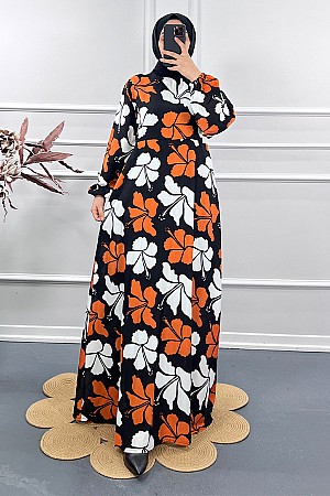 Menekşe Desenli Elbise - Turuncu