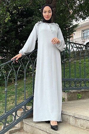 Omuzu Fırfırlı Elbise - Gri