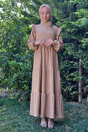 Omuzu Fırfırlı Kat Kat Elbise - Vizon