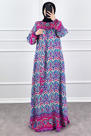 Pamuk Viskon Elbise - Fuşya