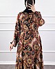 Pamuk Viskon Etnik Desen Elbise - Kahverengi
