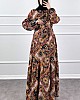 Pamuk Viskon Etnik Desen Elbise - Kahverengi