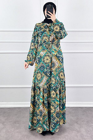 Pamuk Viskon Etnik Desen Elbise - Yeşil