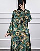 Pamuk Viskon Etnik Desen Elbise - Yeşil