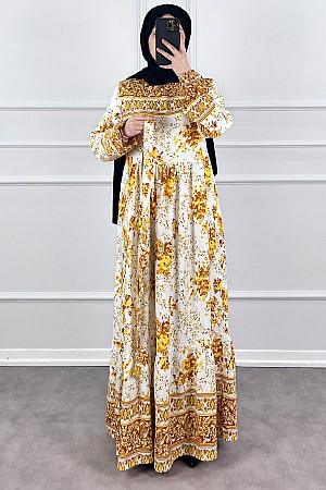 Pamuk Viskon Gül Elbise - Sarı