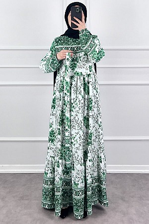 Pamuk Viskon Gül Elbise - Yeşil