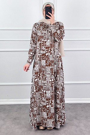 Pamuk Viskon Kumaş Elbise - Kahverengi