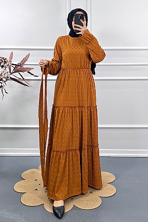Puantiyeli Gofre Elbise - Camel