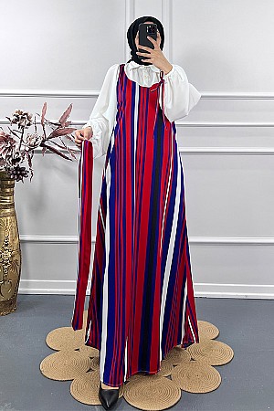 Renk Detaylı Jile Elbise - Kırmızı