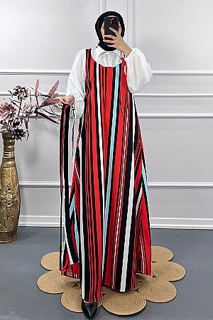 Renk Detaylı Jile Elbise - Turuncu