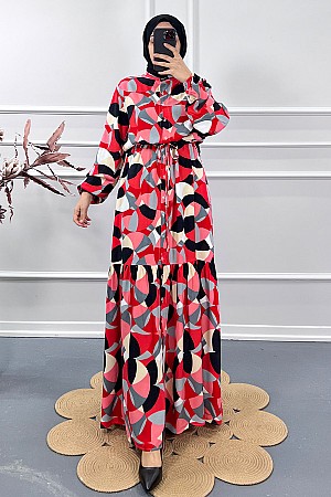 Renkli Yazlık Elbise - Kırmızı