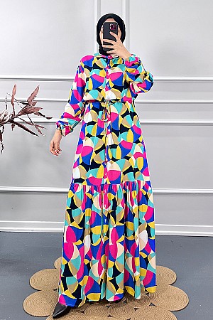 Renkli Yazlık Elbise - Pembe