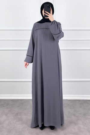 Şeritli Ayrobin Elbise - Gri