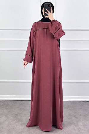 Şeritli Ayrobin Elbise - Gül Kurusu