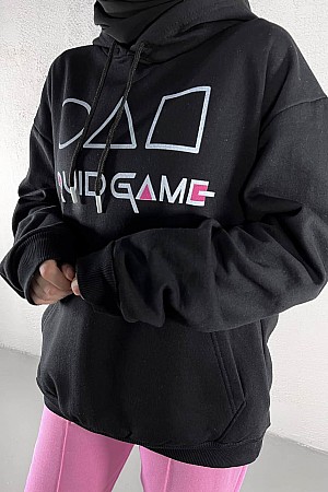 Squid Game Baskılı Oversize Kapüşonlu Sweat - Siyah	