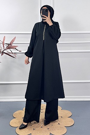 Taş Detaylı Gabardin Takım - Siyah