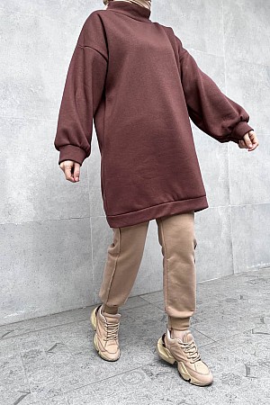 Üç İplik İçi Şardonlu Boğazlı Sweatshirt - Kahverengi
