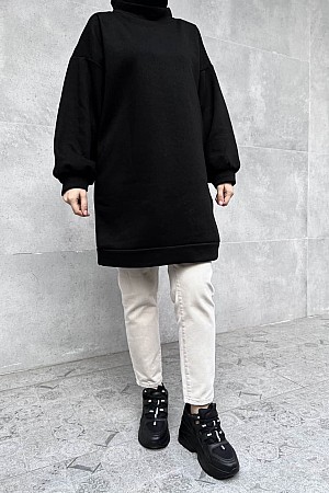 Üç İplik İçi Şardonlu Boğazlı Sweatshirt - Siyah