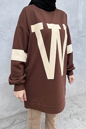 W Baskılı Sweatshirt - Kahverengi