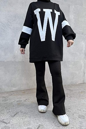 W Baskılı Sweatshirt - Siyah