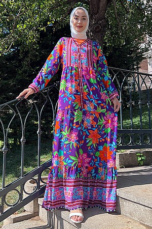 Yaka Detaylı Düğmeli Elbise - Mor