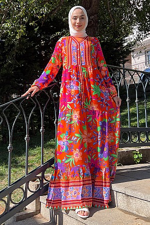 Yaka Detaylı Düğmeli Elbise - Turuncu