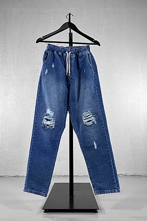 Yamalı Yırtıklı Boyfriend Kot Pantolon - Mavi