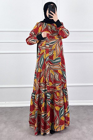 Yaprak Desen Viskon Kumaş Elbise - Bordo