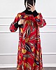 Yaprak Desen Viskon Kumaş Elbise - Kırmızı Yaprak Desen Viskon Kumaş Elbise - Kırmızı