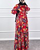 Yaprak Desen Viskon Kumaş Elbise - Kırmızı Yaprak Desen Viskon Kumaş Elbise - Kırmızı