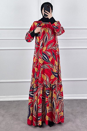 Yaprak Desen Viskon Kumaş Elbise - Kırmızı Yaprak Desen Viskon Kumaş Elbise - Kırmızı